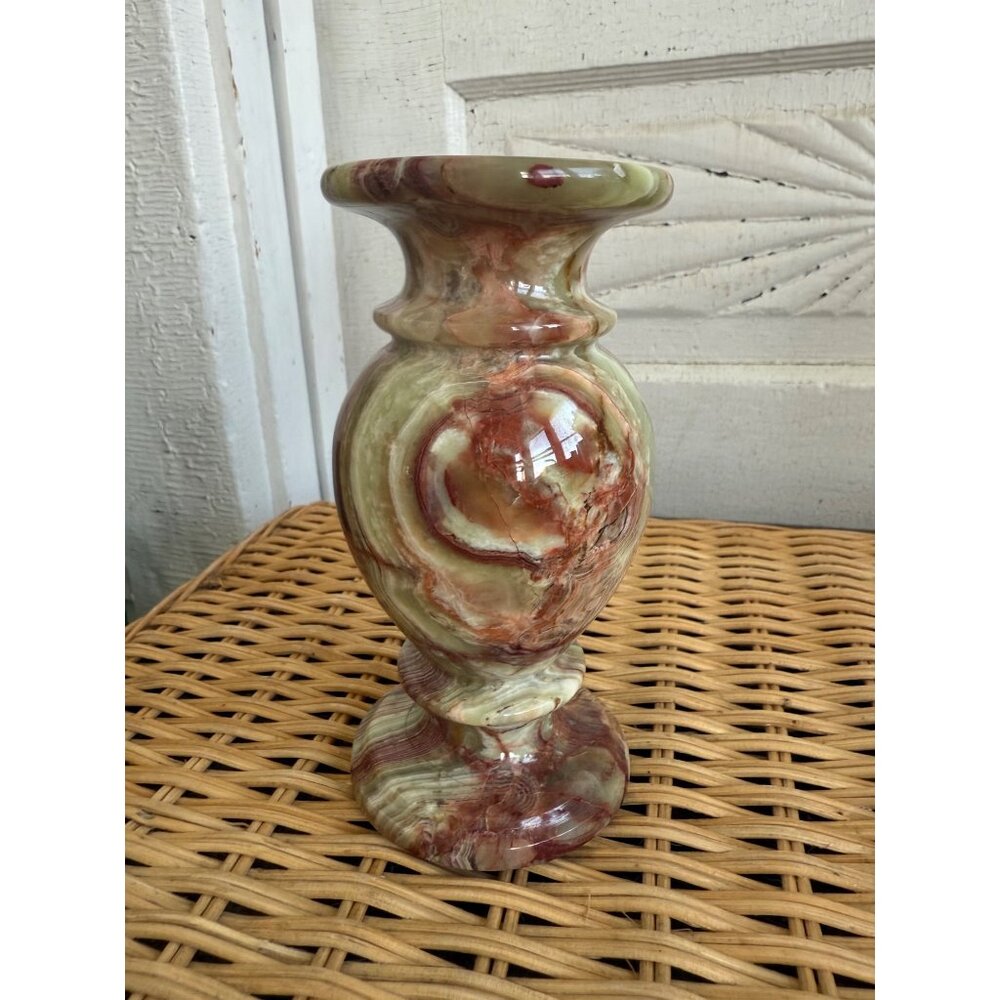 Vintage 70's Green & Brown Banded Onyx Agate Vase 6" Heavy Boho